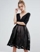 Little Mistress Black Ribbon Applique Midi Dress - Black