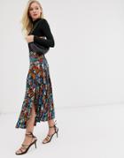 Neon Rose Pleated Midi Skirt With Split In Vintage Floral-black