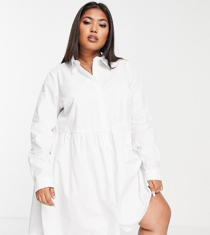 Asos Design Curve Cotton Mini Smock Shirt Dress In White