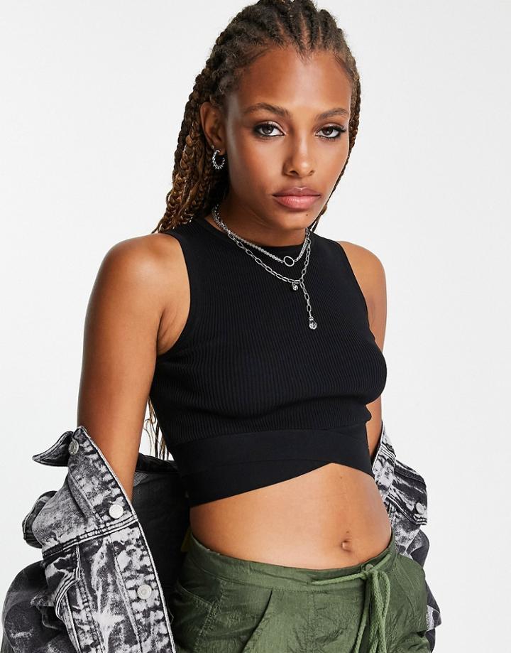 Bershka Cross Strap Knitted Tank Top In Black