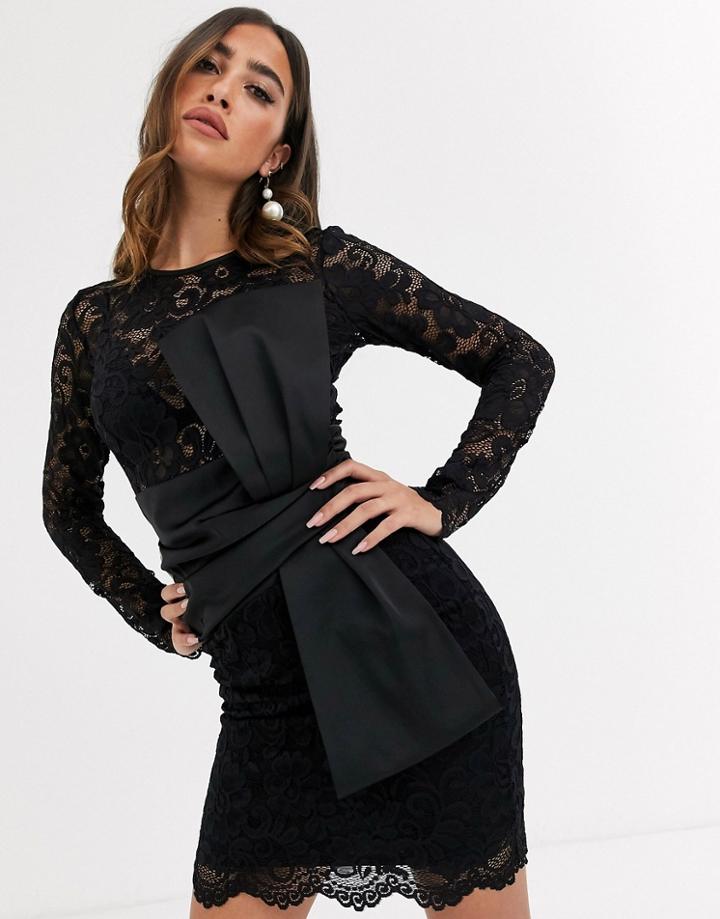 Asos Design Long Sleeve Lace Waist Satin Bow Detail Mini Dress