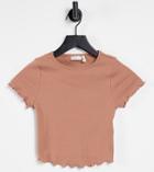 Asos Design Petite Crop Fitted T-shirt With Lettuce Edge In Tan-neutral