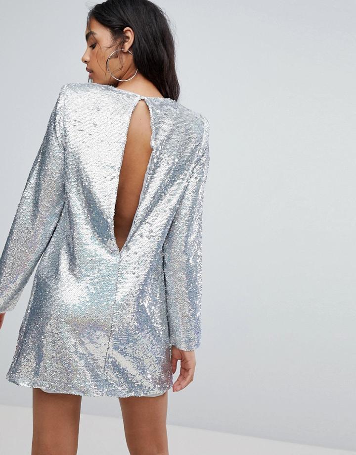 Asos Sequin Long Sleeve Mini Dress With Shoulder Pads - Silver