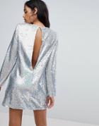 Asos Sequin Long Sleeve Mini Dress With Shoulder Pads - Silver