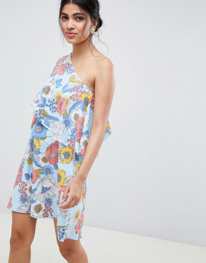 Asos Design One Shoulder Cape Dress With Hi Lo Hem In Retro Floral-multi