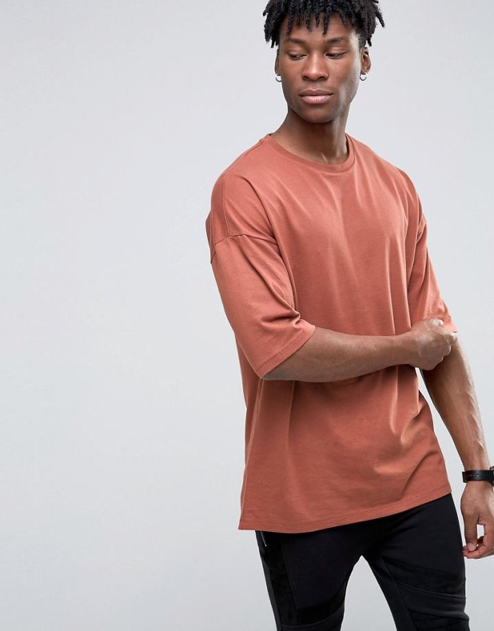 Asos Oversized Longline T-shirt In Heavyweight Fabric In Red - Red