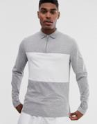 Asos Design Long Sleeve Polo Shirt With Zip Neck And Contrast Body Panel In Gray