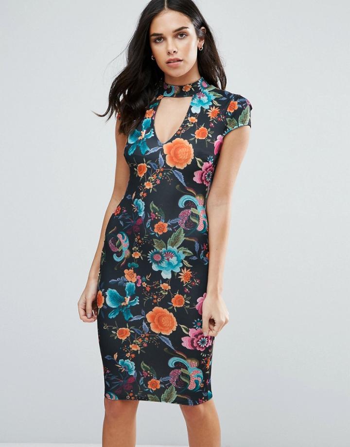 Jessica Wright Choker Neck Printed Midi Dress - Black