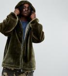 The New County Oversized Zip Up Hoodie Faux Fur - Green