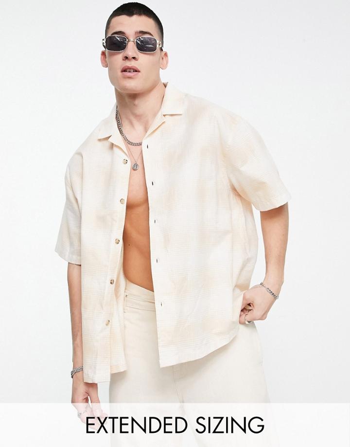 Asos Design Boxy Oversized Revere Linen Shirt In Beige Check-neutral