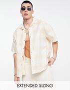 Asos Design Boxy Oversized Revere Linen Shirt In Beige Check-neutral