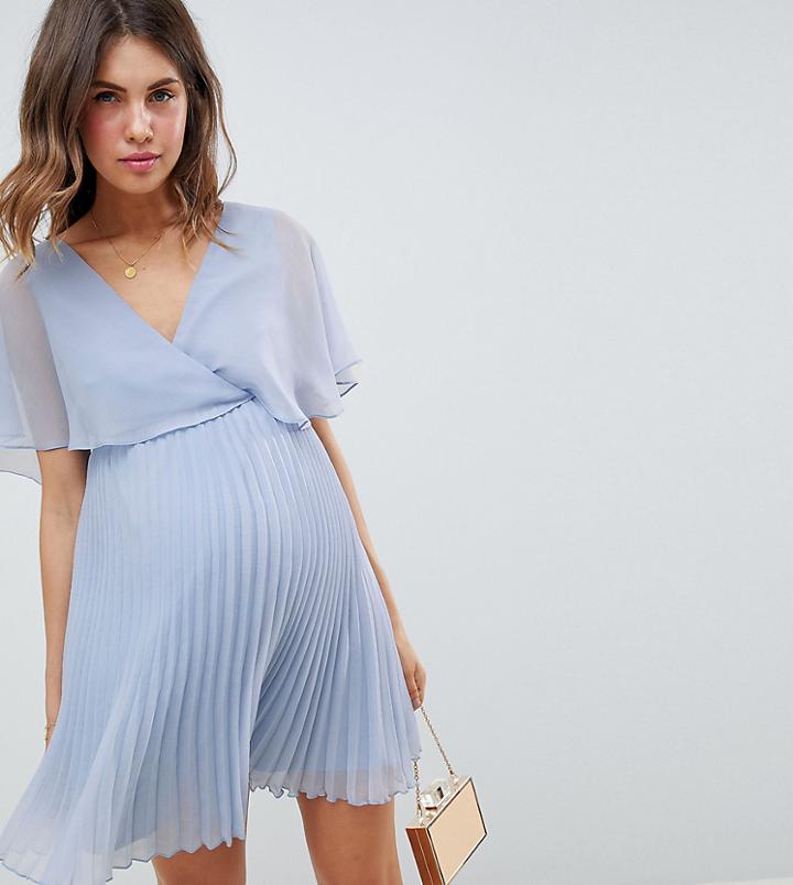 Asos Design Maternity Mini Dress With Pleat Skirt And Flutter Sleeve - Pink
