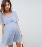 Asos Design Maternity Mini Dress With Pleat Skirt And Flutter Sleeve - Pink