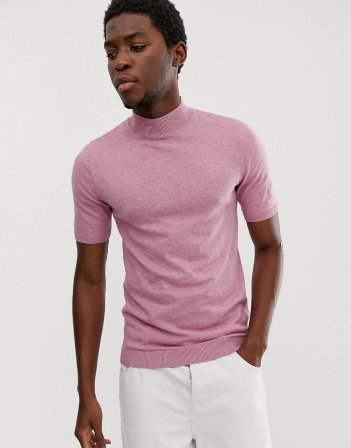 Asos Design Knitted Muscle Fit Turtleneck T-shirt In Pink - Pink