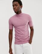 Asos Design Knitted Muscle Fit Turtleneck T-shirt In Pink - Pink