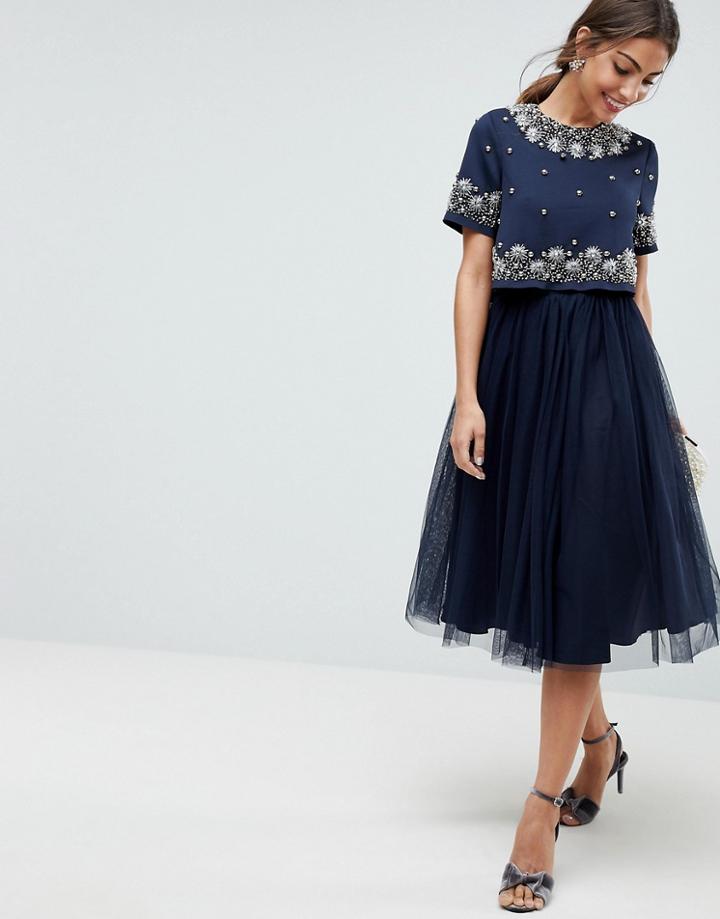 Asos Embellished Crop Top Tulle Midi Dress - Navy