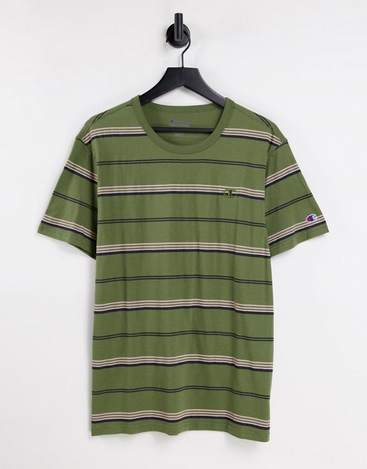 Champion Small Logo Striped T-shirt In Khaki-green