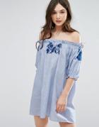 Qed London Off Shoulder Stripe Dress With Embroidery - Blue