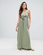 Asos Woven Tie Front Maxi Beach Dress - Green