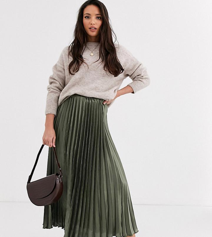 Asos Design Tall Satin Pleated Column Midi Skirt-green