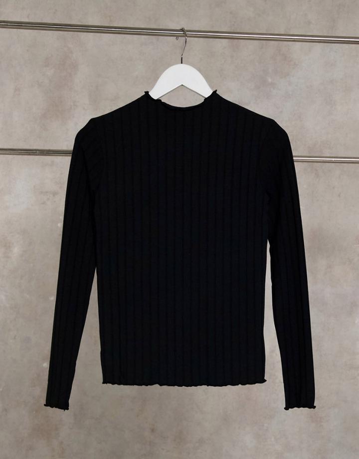 Stradivarius High-neck Top With Lettuce Edge In Gray-black