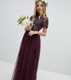 Maya Petite High Neck Maxi Tulle Dress With Tonal Delicate Sequins In Berry - Red