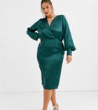 Asos Design Curve Exclusive Balloon Sleeve Satin Midi Dress - Green