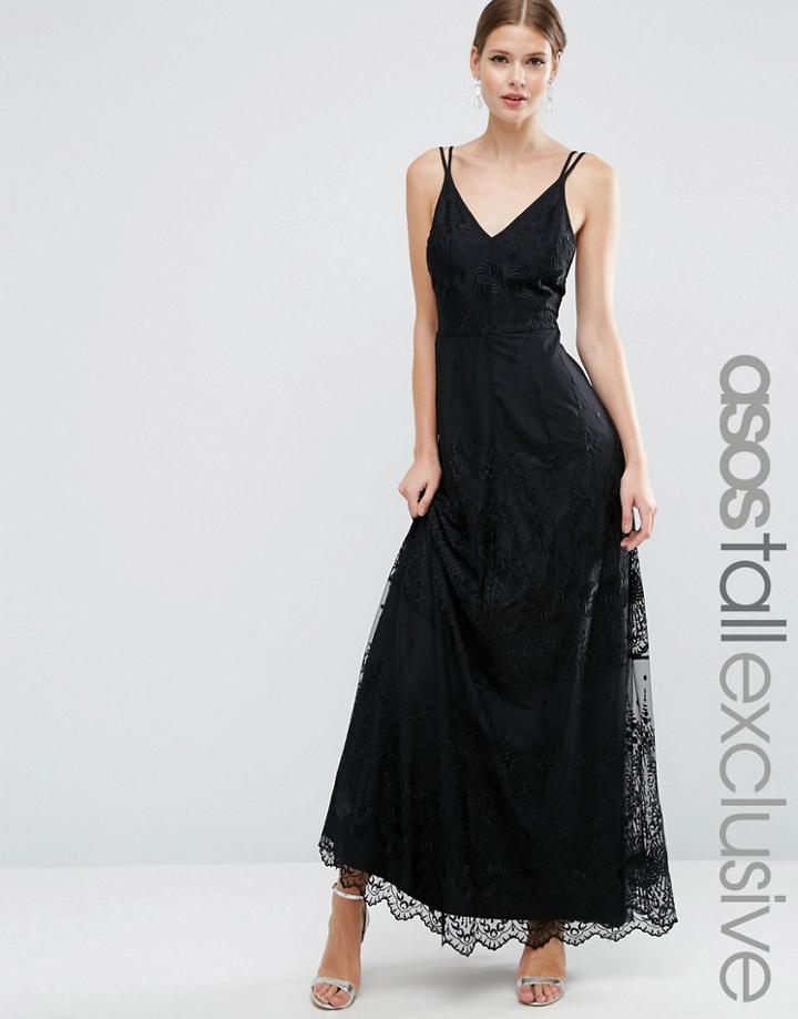 Asos Tall Maxi Dress In Mesh And Embroidered Lace - Black