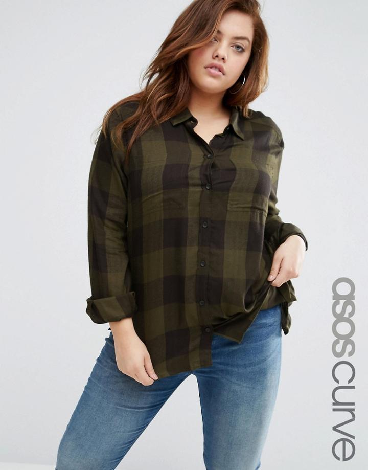 Asos Curve Oversized Shirt In Khaki Gingham Check - Multi