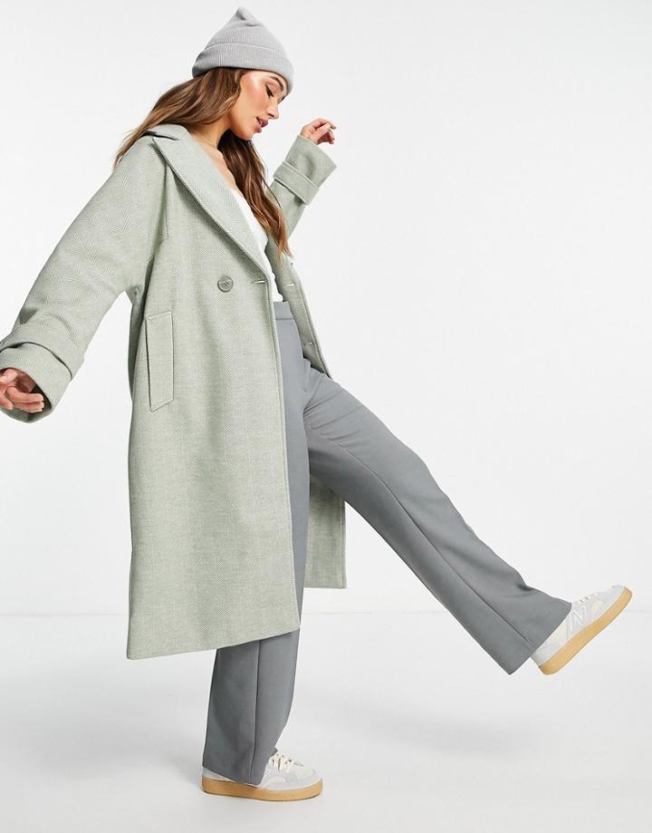 Aligne Double Breasted Coat In Green Herringbone
