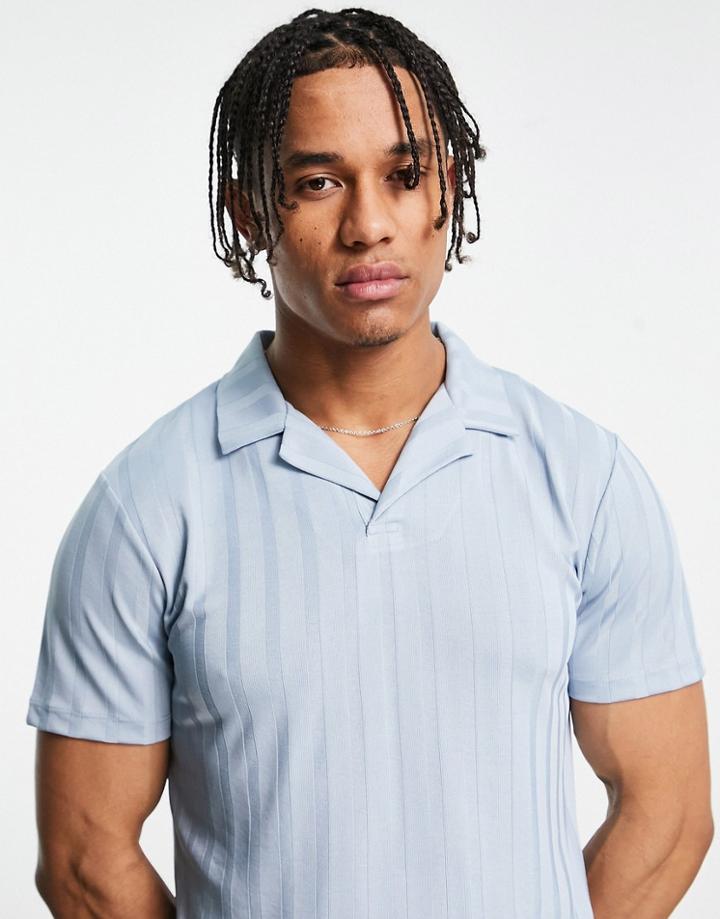 Asos Design Revere Polo In Blue Shiny Rib