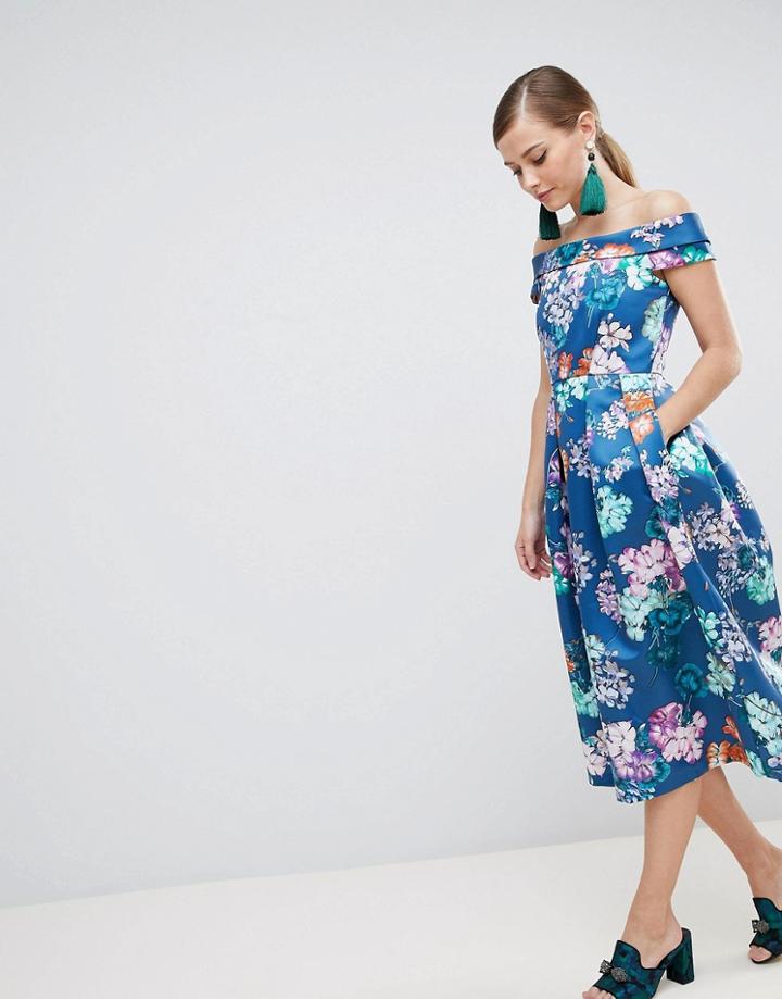 Closet London Bardot Floral Midi Dress - Blue