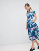 Closet London Bardot Floral Midi Dress - Blue
