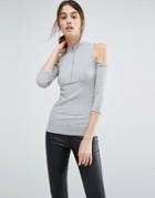 Vero Moda Zip Ribbed Cold Shoulder Top - Gray