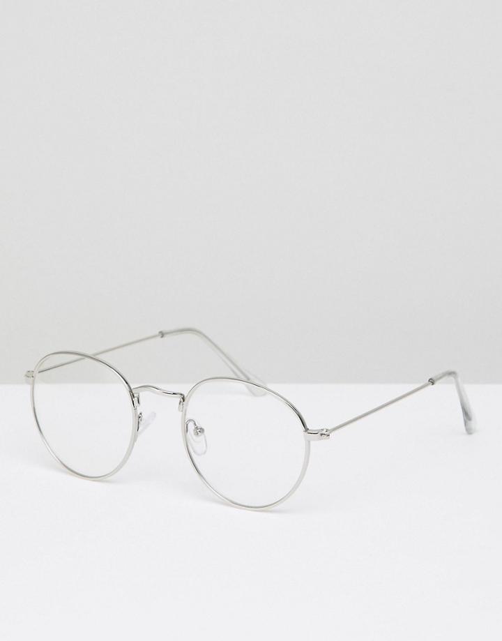 Asos Design Round Glasses In Silver Metal With Clear Lens - Silver