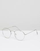 Asos Design Round Glasses In Silver Metal With Clear Lens - Silver
