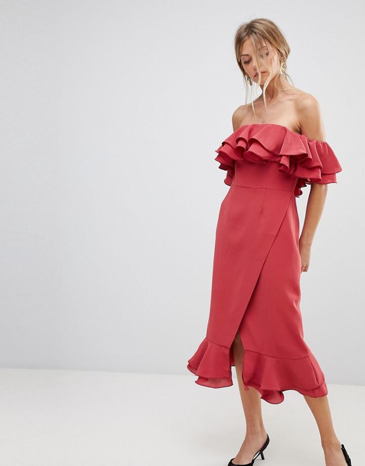 C/meo Collective Immerse Off Shoulder Ruffle Midi Dress - Red