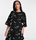 Asos Design Maternity Oversized T-shirt Dress With All Over Lilac Ditsy Embroidery In Black