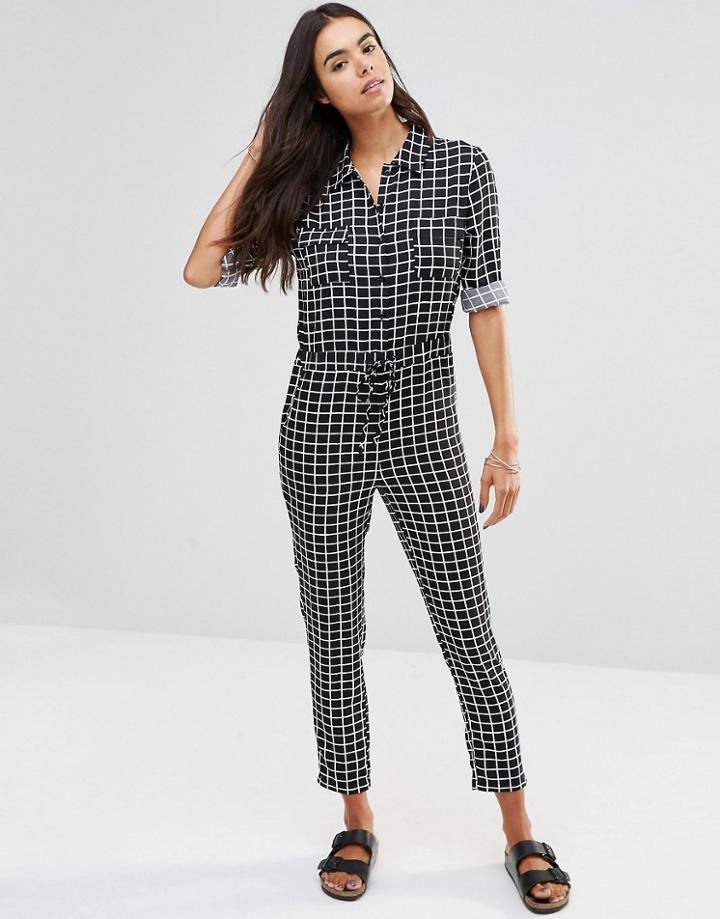 Unique 21 Button Front Printed Jumpsuit - Black Grid Print