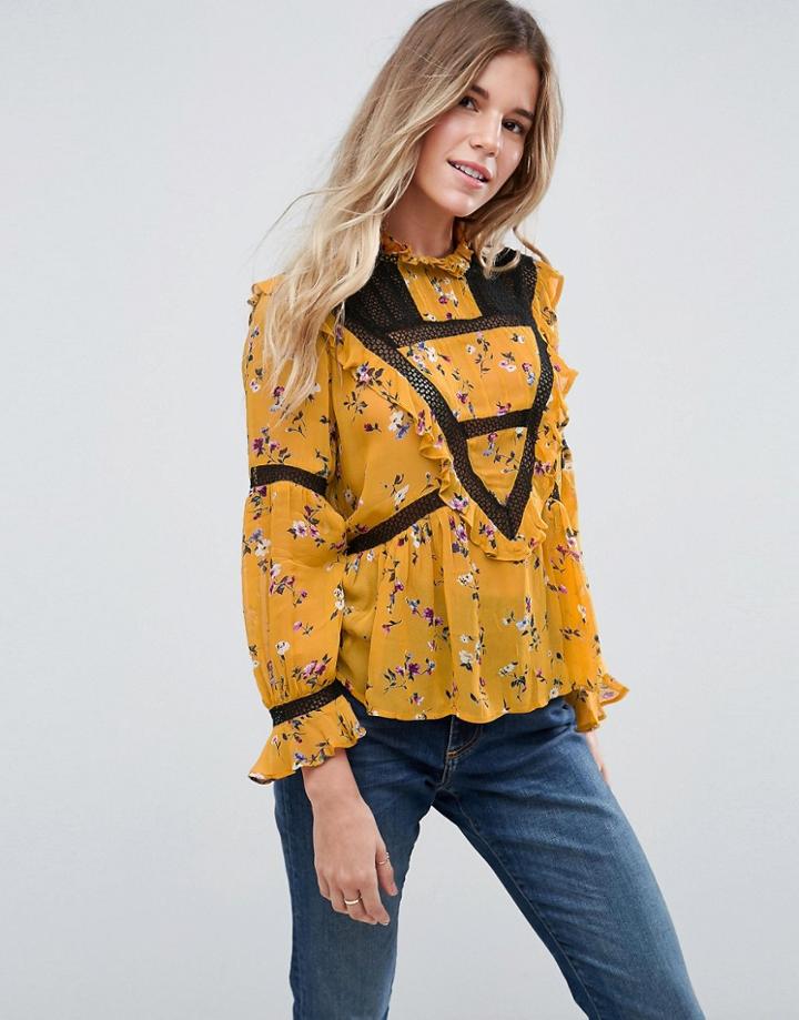 Asos Crochet Ditsy Floral Victoriana High Neck Blouse - Multi