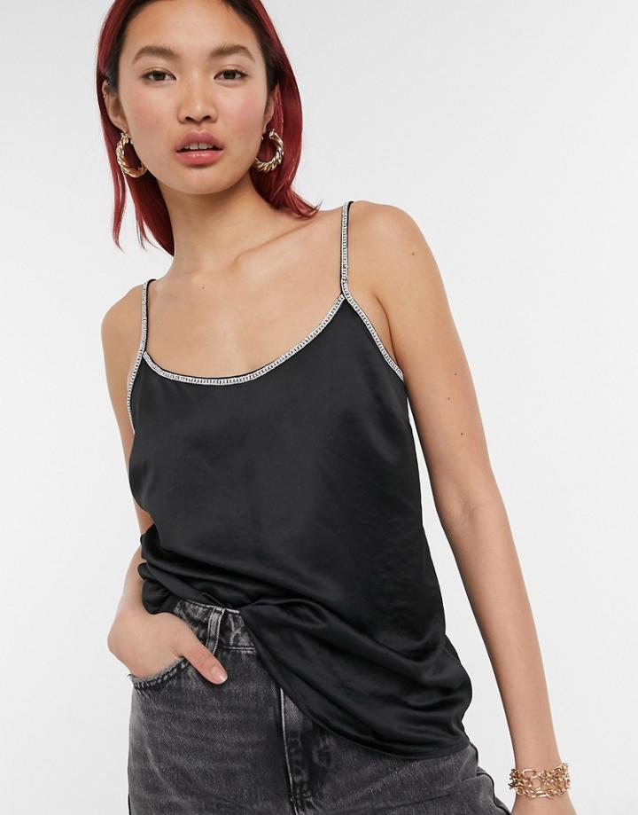River Island Pearl Strap Satin Cami Top In Black