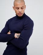 Asos Design Muscle Fit Ribbed Roll Neck Sweater In Navy - Navy