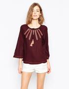 Only Cheesecloth Bell Sleeve Top With Embroidered Detail - Windsor Wine