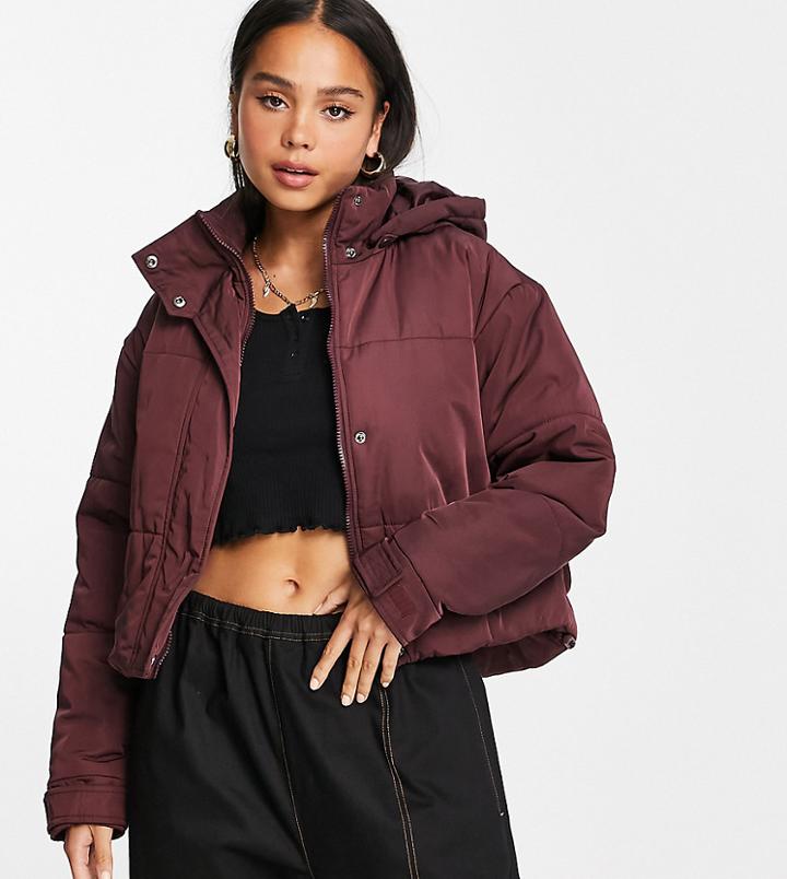 Collusion Cropped Hooded Nylon Puffer Jacket In Burgundy-purple