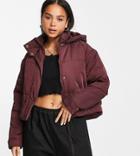 Collusion Cropped Hooded Nylon Puffer Jacket In Burgundy-purple