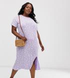 Daisy Street Plus Midi T-shirt Dress With Split In Ditsy Floral Print-purple