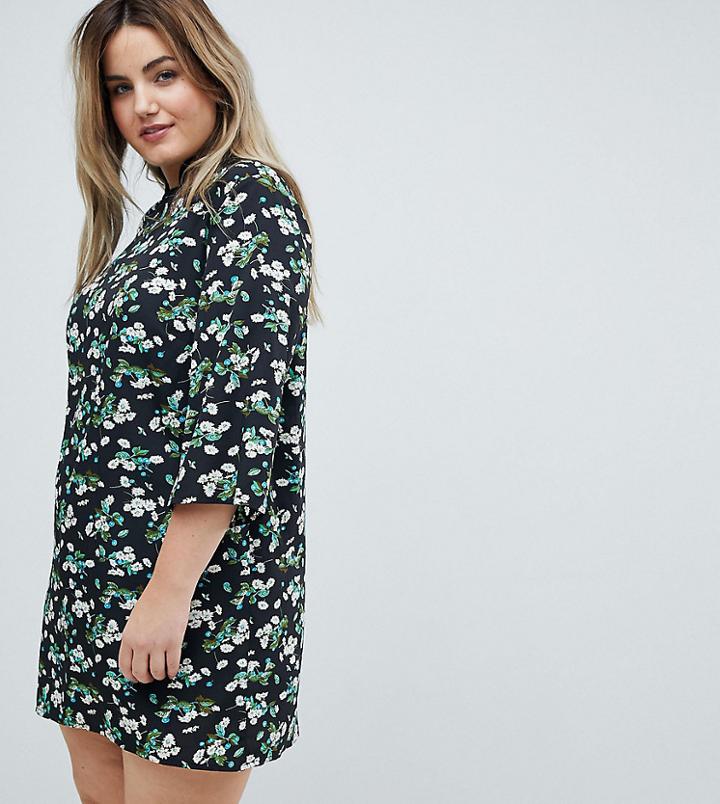 Influence Plus Shift Dress With Mandarin Collar Detail In Daisy Garden Floral - Black
