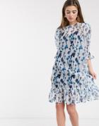 Lost Ink Midi Smock Dress With Volume Sleeves And Peplum Hem In Smudge Floral Print-blue