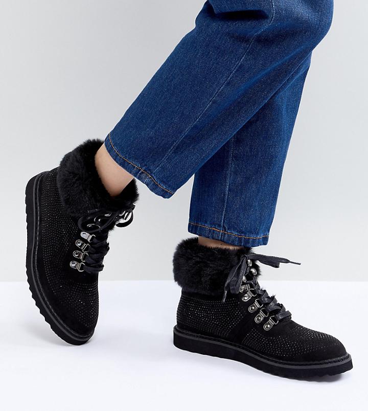 Pieces Sally Hiking Boot With Faux Fur Ankle - Black