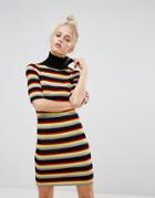 E.l.k Knitted Mini Dress With High Neck In Rainbow Stripe - Black